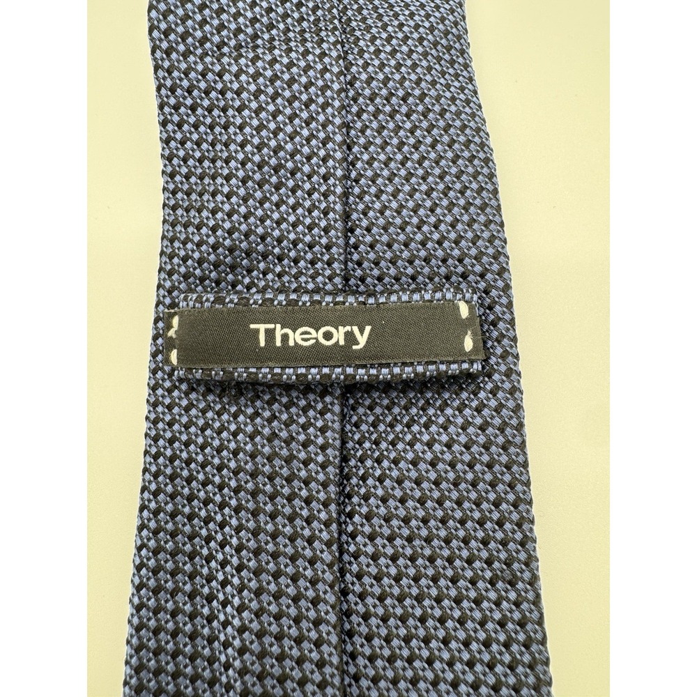 Theory Silk Tie Blue Black Geometric Pattern Textured USA Made Necktie - Picture 3 of 7